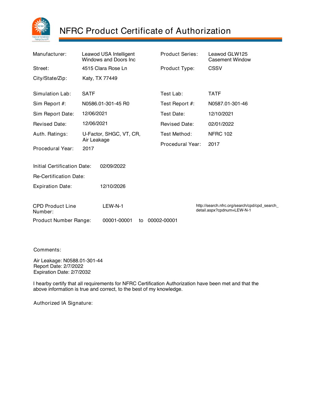 NFRC Product Certificate of Authorization
