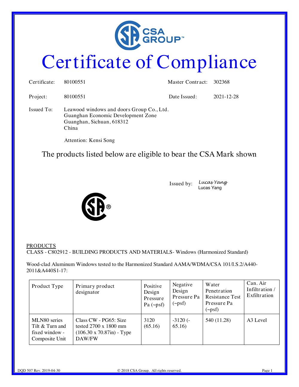 CSA Certificate of Compliance
